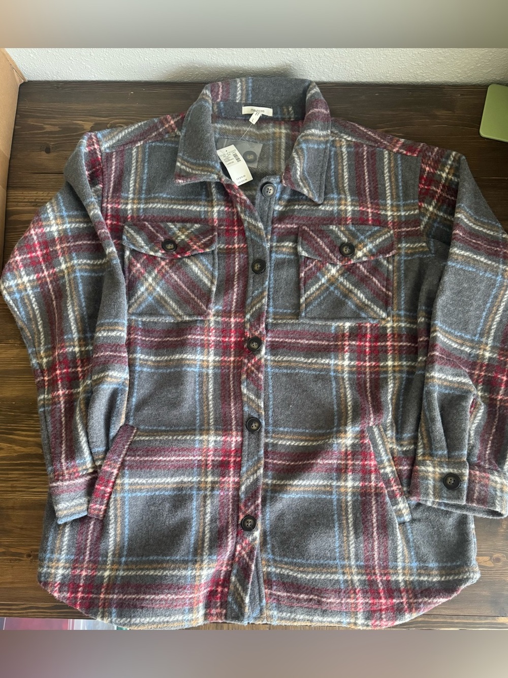 Maurices Plaid Flannel Shacket in Gray, Red & Blue